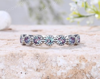 Vintage Alexandrite Wedding Band, Half Eternity Stacking Ring, June Birthstone, Gift for Her