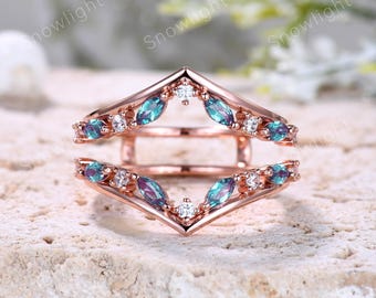 Marquise Alexandrite Enhancer Band: V Shaped Double Curved Wedding Band, Art Deco Ring Jacket