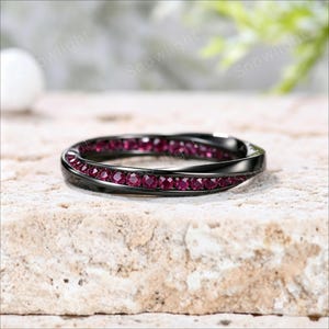 14K Black Gold Ruby Twisted Eternity Ring: Crossover Intertwined Stackable Wedding Band, July Birthstone
