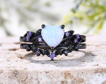 Vintage Heart White Opal Engagement Ring Set: Black Gold Leaf Vine Amethyst Bridal Set