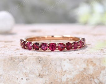 Vintage Natural Ruby Wedding Band: 14K Rose Gold Half Eternity Ring, July Birthstone