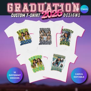 Mallar för examens-T-shirts för klass 2026, redigerbara Canva-tröjor för seniorer, fotoexamens-T-shirts, DIY-paket med examens-T-shirts bild 10