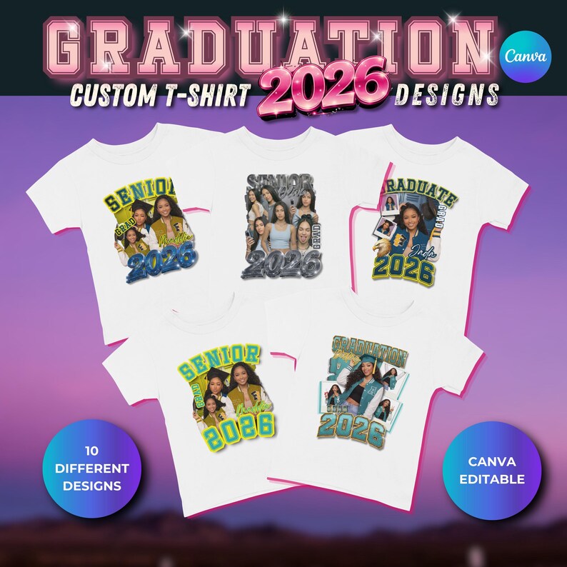 Mallar för examens-T-shirts för klass 2026, redigerbara Canva-tröjor för seniorer, fotoexamens-T-shirts, DIY-paket med examens-T-shirts bild 10