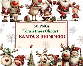 Santa & Reindeer Clipart Set | Cozy Christmas PNGs | Whimsical Holiday Graphics | 30 High-Resolution Illustrations | Instant Download