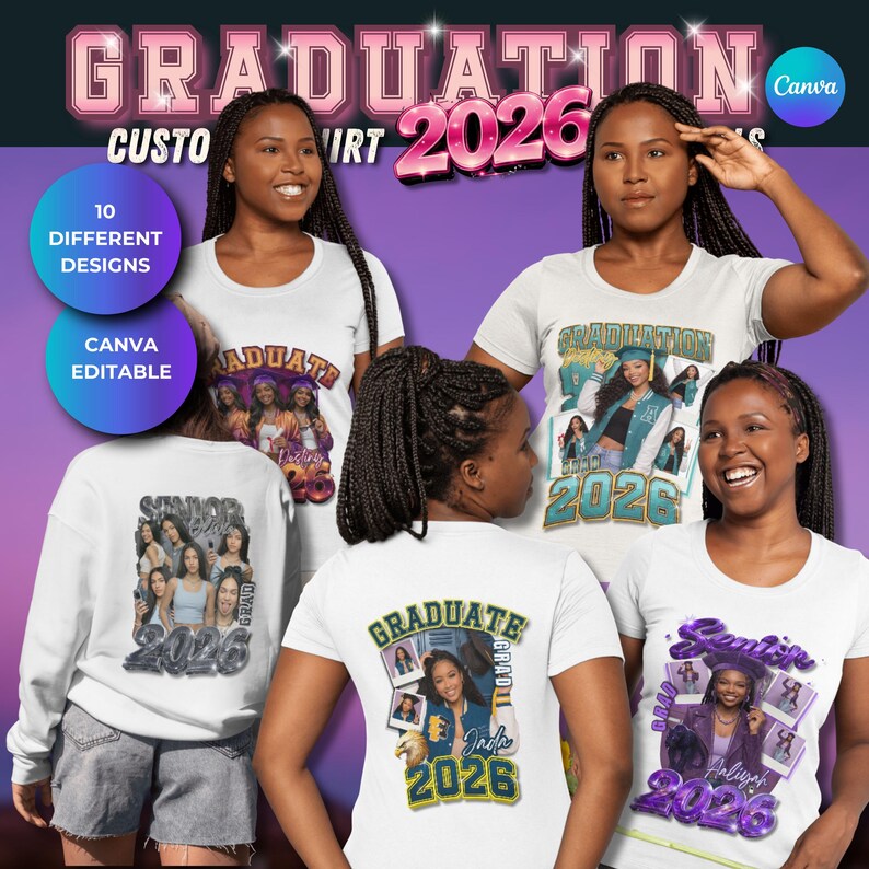Mallar för examens-T-shirts för klass 2026, redigerbara Canva-tröjor för seniorer, fotoexamens-T-shirts, DIY-paket med examens-T-shirts bild 11