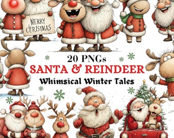 Santa and Reindeer Christmas Clipart | Festive Holiday PNGs | Cozy Winter Graphics | 20 High-Res Images | Instant Digital Download