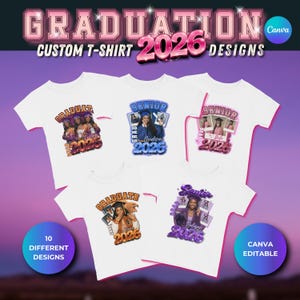 Mallar för examens-T-shirts för klass 2026, redigerbara Canva-tröjor för seniorer, fotoexamens-T-shirts, DIY-paket med examens-T-shirts bild 9