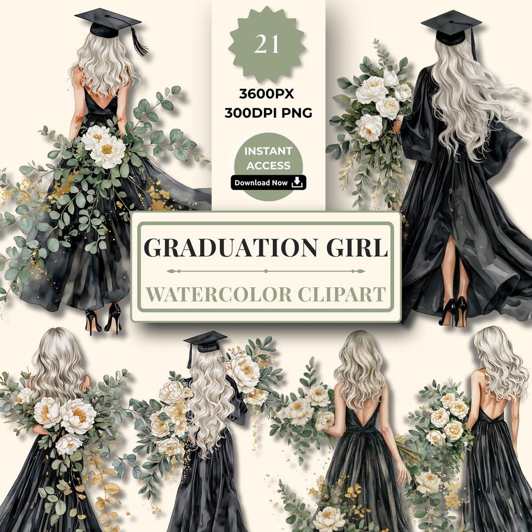 Class of 2026 Graduation Girl Watercolor Clipart Bundle, 21 PNG Instant ...