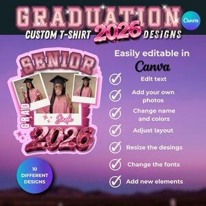 Mallar för examens-T-shirts för klass 2026, redigerbara Canva-tröjor för seniorer, fotoexamens-T-shirts, DIY-paket med examens-T-shirts bild 12