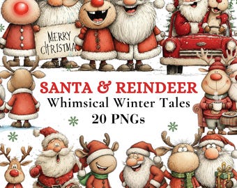 Santa & Reindeer Clipart Set | Cozy Christmas PNGs | Cute Holiday Illustrations | 20 High-Res Graphics | Instant Download