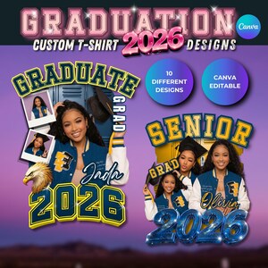 Mallar för examens-T-shirts för klass 2026, redigerbara Canva-tröjor för seniorer, fotoexamens-T-shirts, DIY-paket med examens-T-shirts bild 5