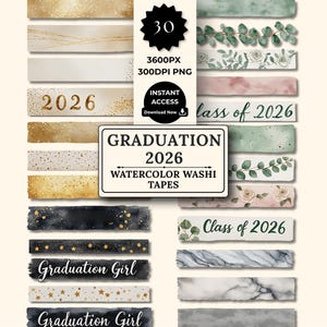 Akvarell Washi Tapes Clipart för examen, klass 2026 (digital nedladdning)