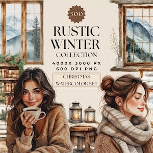 Julakvarell Clipart Mega Bundle | Rustik vinterstämning | Mysig stuga och snöiga utomhusbilder i PNG-format | 300 högupplösta illustrationer