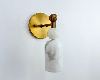 Natural Genuine Alabaster Marble Stone  Wall Sconce | Handmade Solid Brass Fixture | Handcrafted Luxury Lighting