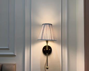 Handcrafted Brass Wall Sconce with Pleated Fabric Shade, Vintage Inspired Bathroom Vanity Light