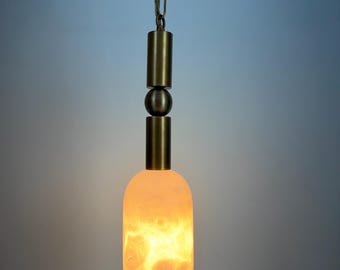 Handmade Alabaster marble hanging Light | Minimalist Genuine Stone brass ceiling light Fixture
