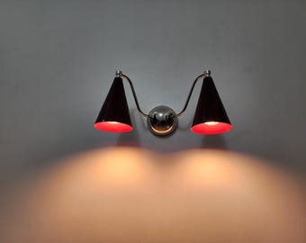 Double Cone Brass Wall Sconce | Mid-Century Modern Lamp with Wine Colour Light