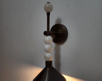 Alabaster Wall Sconce,Handmade Brass Finish with Alabaster Shade,Modern Mid Century Bedside Lamp