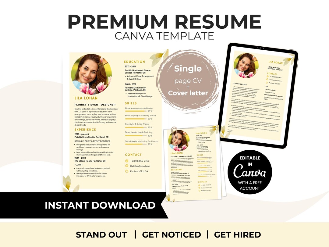 Professional Canva Resume Template | Photo CV & Cover Letter (instant ...