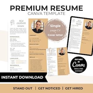 Modello di curriculum con foto modificabile / CV moderno Canva con lettera di presentazione (download immediato)