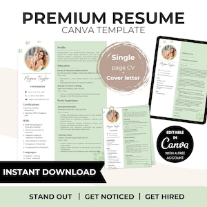Modello di curriculum con foto modificabile / CV e lettera di presentazione Canva (download immediato)