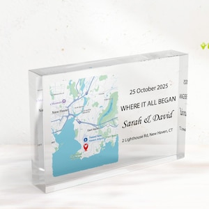 Personalisiertes Paar-Andenken, benutzerdefinierte Positionskarte Acrylgeschenk - Unsere Geschichte begann hier, Jubiläums- und Verlobungs-Dekor