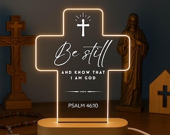 Be Still Psalm 46:10 Cross Lamp, Christian Christmas Gift, Bible Verse Night Light, Religious Home Decor, Faith Gift for Her Him
