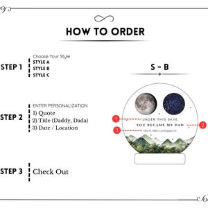 May include: A white graphic with instructions on how to order a personalized snow globe. The steps include choosing a style, entering personalization details like a quote, title, and date, and checking out. The snow globe design features a moon and a starry sky.