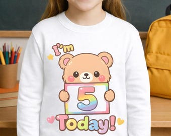 Femte födelsedagsbjörn PNG, barn 5-årsdagströja design (digital nedladdning)