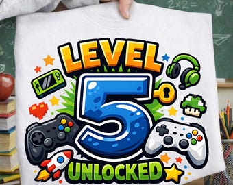 Nivå 5 upplåst Gamer födelsedag PNG, barnvideospelströja design (digital nedladdning)