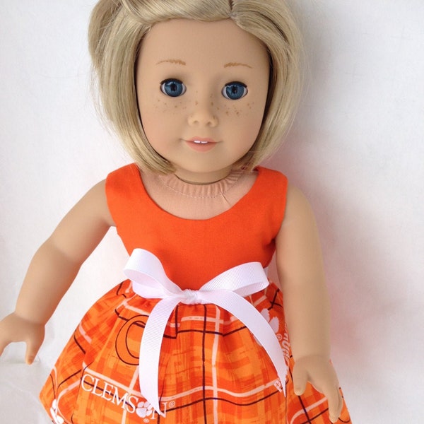 Clemson Tigers Plaid doll dress,  made to fit 18 inch dolls such as American Girl and similar 18 inch dolls