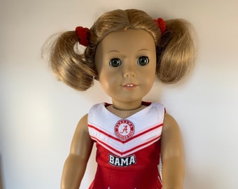 University of Alabama cheerleading outfit ,complete with pompoms, tights, shoes and megaphone, made to fit 18 in dolls such as American Girl