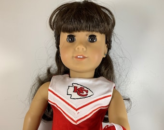 Kansas City Chiefs cheerleader outfit made to fit 18 inch dolls such as American Girl Dolls and similar size dolls