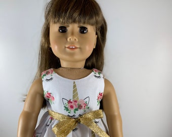 Unicorns with golden horn, blushing eyes and bouquet of flowers on white background.  Made to fit 18 inch dolls such as American Girl dolls