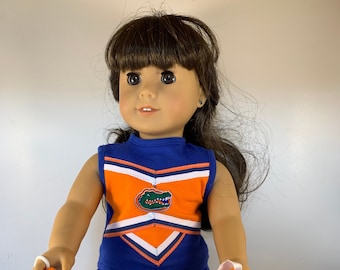 University of Florida cheerleading outfit, complete with pompoms, tights, shoes and megaphone, made to fit 18 in dolls such as American Girl