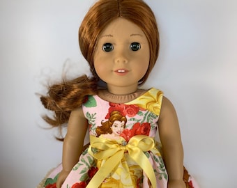 Beauty and the Beast's Belle yellow, pink  and roses dress with organdy trim, made to fit 18 inch dolls such as American Girl dolls