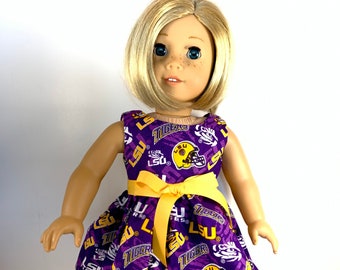 LSU tone on tone 18 inch game day dress, made to fit 18 inch dolls such as American Girl Dolls and others