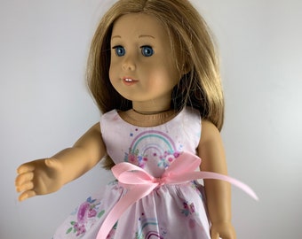 Unicorns and Rainbows with organdy lace, made to fit 18 inch dolls such as American Girl Dolls and similar size dolls