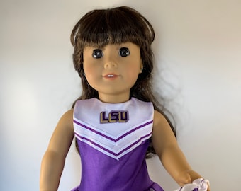 Louisiana State University cheer leader outfit with shoes, megapphone, pompoms and tights.  Made to fit 18inch dolls such as Amerian Girl