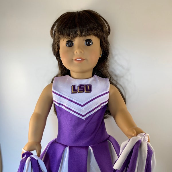 Louisiana State University cheer leader outfit with shoes, megapphone, pompoms and tights.  Made to fit 18inch dolls such as Amerian Girl