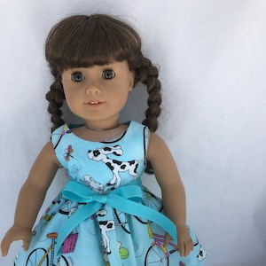Bikes, dogs and dragonflies aqua 18 inch doll dress,  made to fit 18 inch dolls such as American Girl Dolls