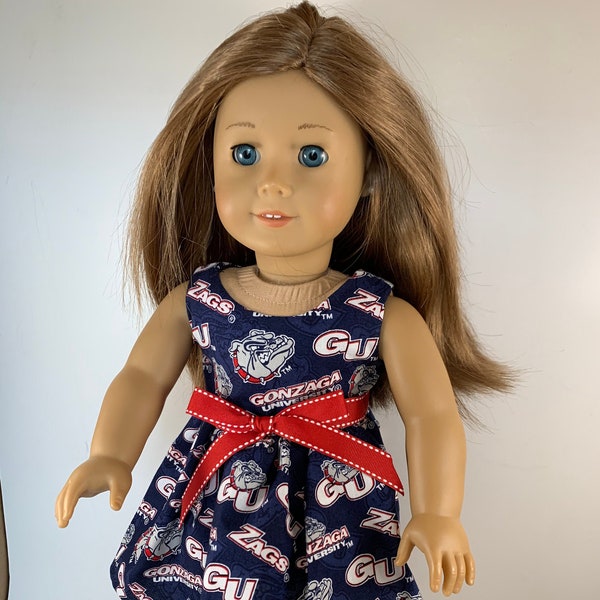 Game day dress made with Gonzaga University fabric to fit 18 inch dolls such as American Girl dolls and similar size dolls.