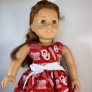 Oklahoma Sooners tone n tone game day dress, made to fit 18 inch dolls such as American Girl dolls and similar size dolls
