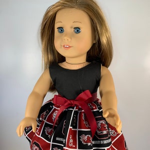 South Carolina block style game day dress made to fit 18 inch dolls such as American Girl dolls and similar size dolls
