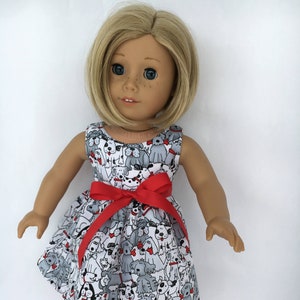 Dog&#39;s Day 18 inch doll dress with gray and white dogs with red bones, made to fit 18 inch dolls such as American Girl and similar dolls.