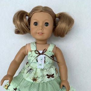 Sundress of butterflies and dragonflies, 18 inch doll dress made of three sage colored ruffles, made to fit American Girl Dolls