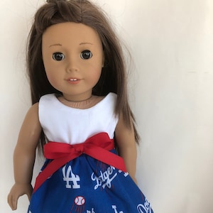 LA Dodgers 18 inch game day doll dress made of toss fabric, made to fit 18 inch dolls such as American Girl Dolls and similar size dolls