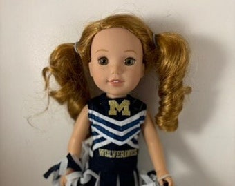 University of Michigan doll cheerleader outfit made to fit 14.5 inch dolls such as Wellie Wishers and similar size dolls.