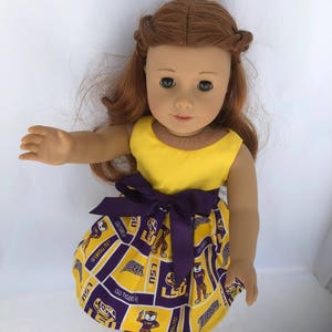 LSU Tigers block 18 inch game day doll dress, made to fit 18 inch dolls such as American Girl Dolls and others