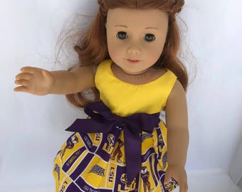LSU Tigers block 18 inch game day doll dress, made to fit 18 inch dolls such as American Girl Dolls and others